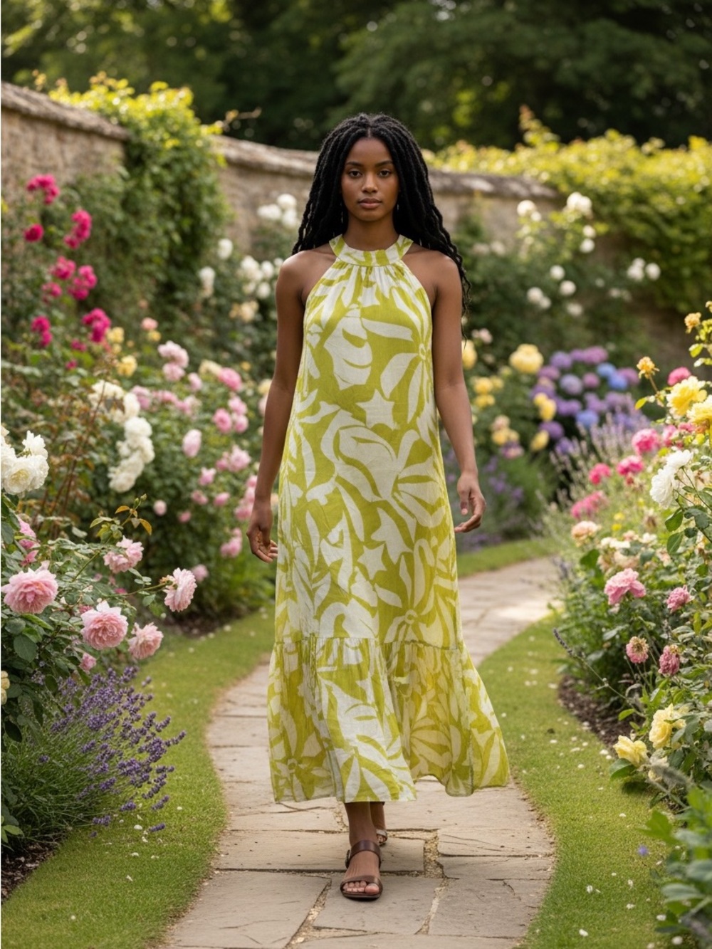 MSK Chartreuse Floral Leaf Sleeveless Halter Maxi Dress